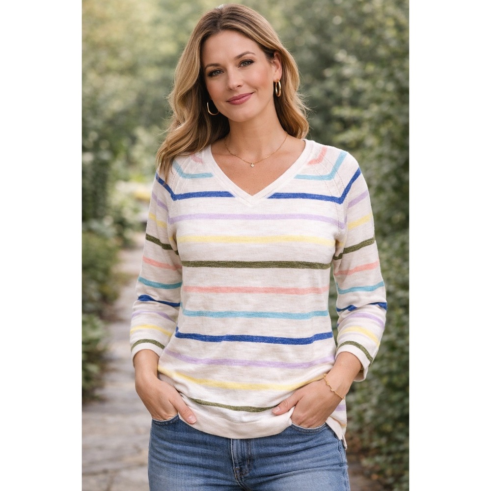 Q2 Talbots Women's Striped Sweater Pastel New NWT Medium Petite 3/4 Sleeve